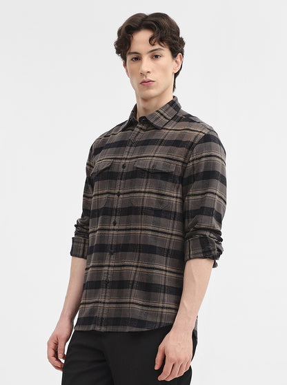 Dark Grey Checked Slim Fit Casual Shirt | Greenfibre