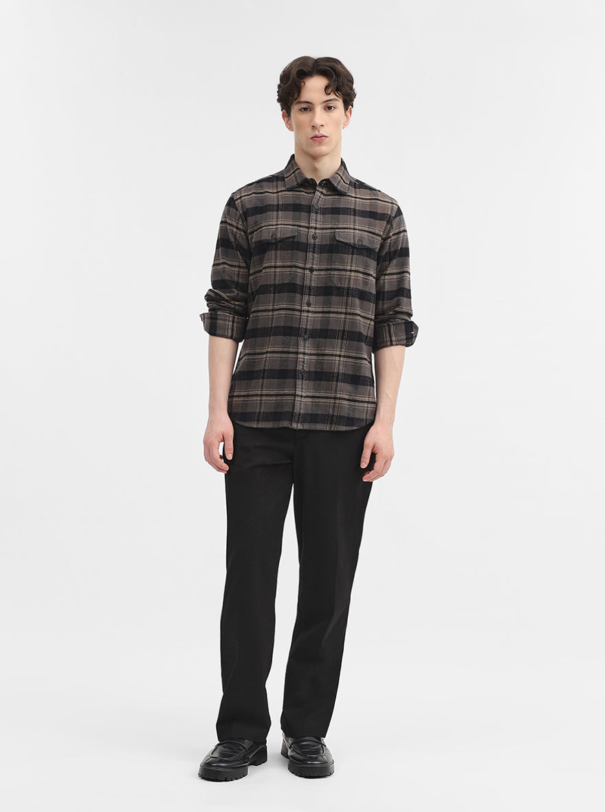 Dark Grey Checked Slim Fit Casual Shirt | Greenfibre