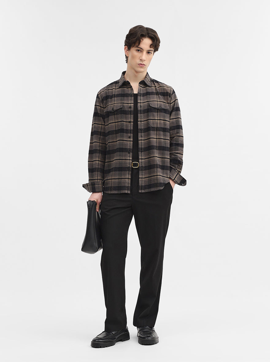 Dark Grey Checked Slim Fit Casual Shirt | Greenfibre