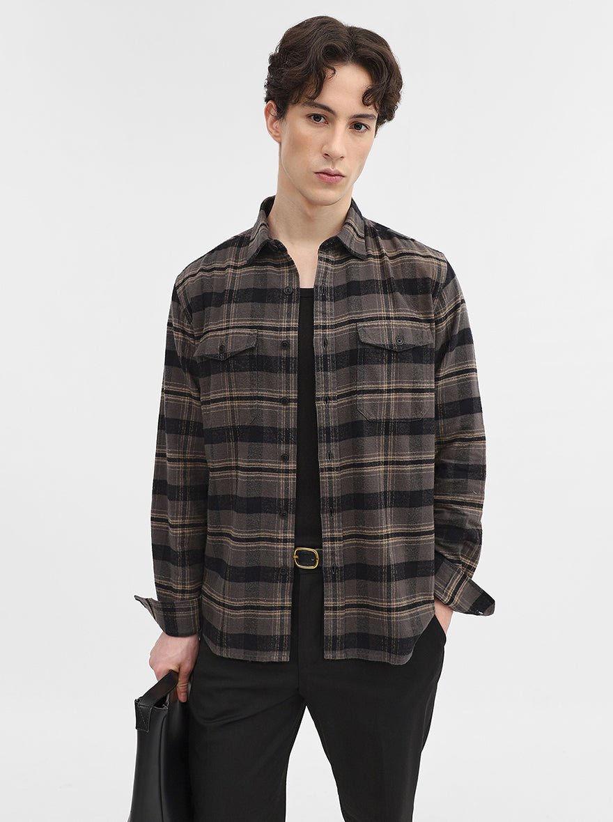 Dark Grey Checked Slim Fit Casual Shirt | Greenfibre