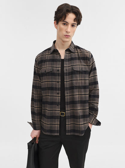 Dark Grey Checked Slim Fit Casual Shirt | Greenfibre
