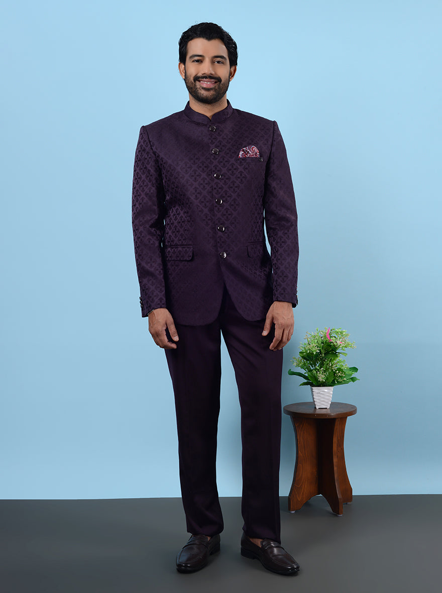 JadeBlue Purple Jacquard Self Design Jodhpuri Suit Regular Fit