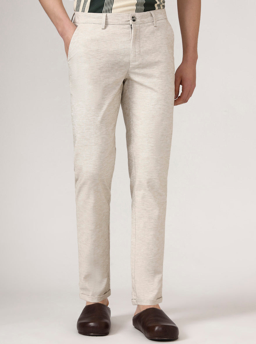 Beige Solid Neo Fit Casual Trouser | Greenfibre