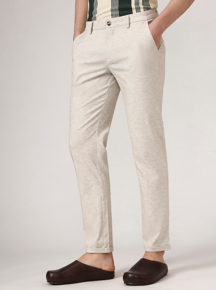 Beige Solid Neo Fit Casual Trouser | Greenfibre