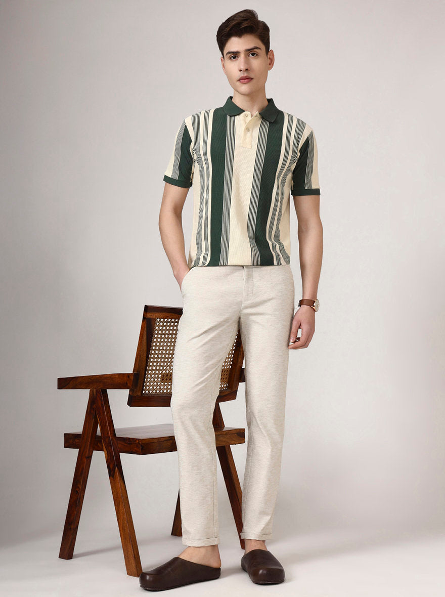 Beige Solid Neo Fit Casual Trouser | Greenfibre