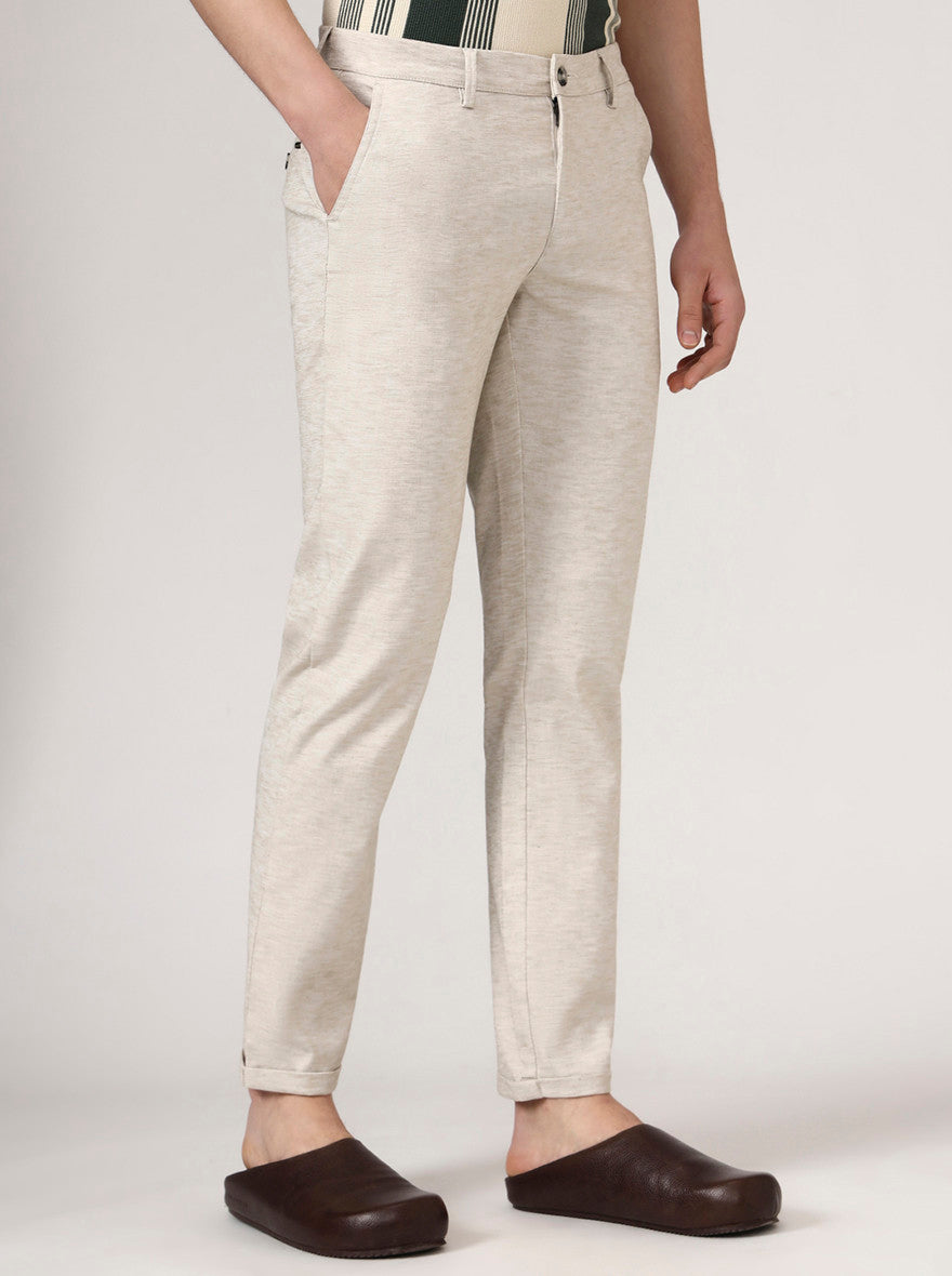 Beige Solid Neo Fit Casual Trouser | Greenfibre