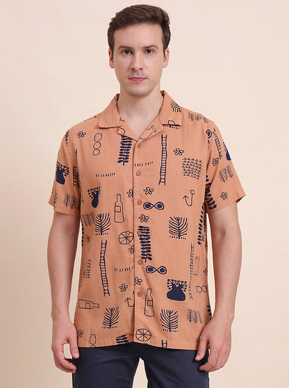Rust Printed Slim Fit Casual Shirt | JadeBlue