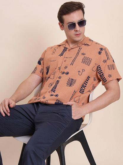 Rust Printed Slim Fit Casual Shirt | JadeBlue