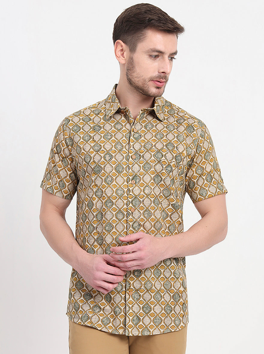 Beige Printed Slim Fit Casual Shirt | JadeBlue