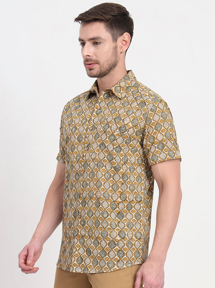 Beige Printed Slim Fit Casual Shirt | JadeBlue