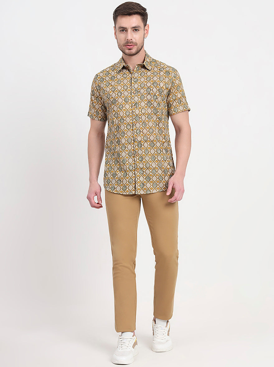 Beige Printed Slim Fit Casual Shirt | JadeBlue