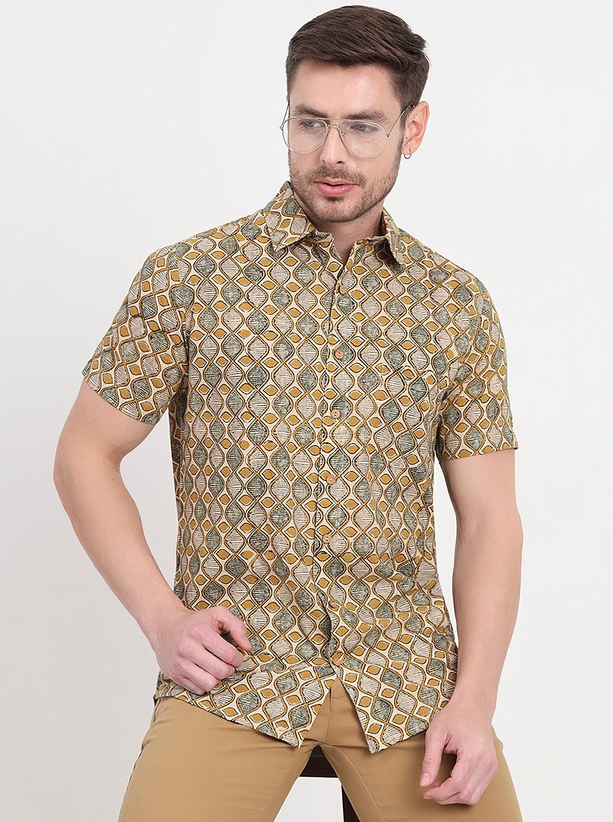 Beige Printed Slim Fit Casual Shirt | JadeBlue
