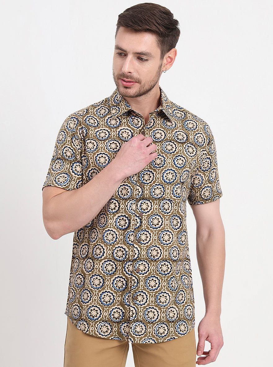 Olive Brown Printed Slim Fit Casual Shirt | JadeBlue