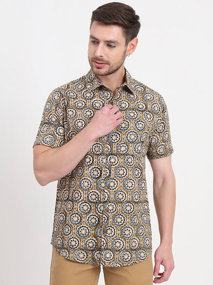 Olive Brown Printed Slim Fit Casual Shirt | JadeBlue