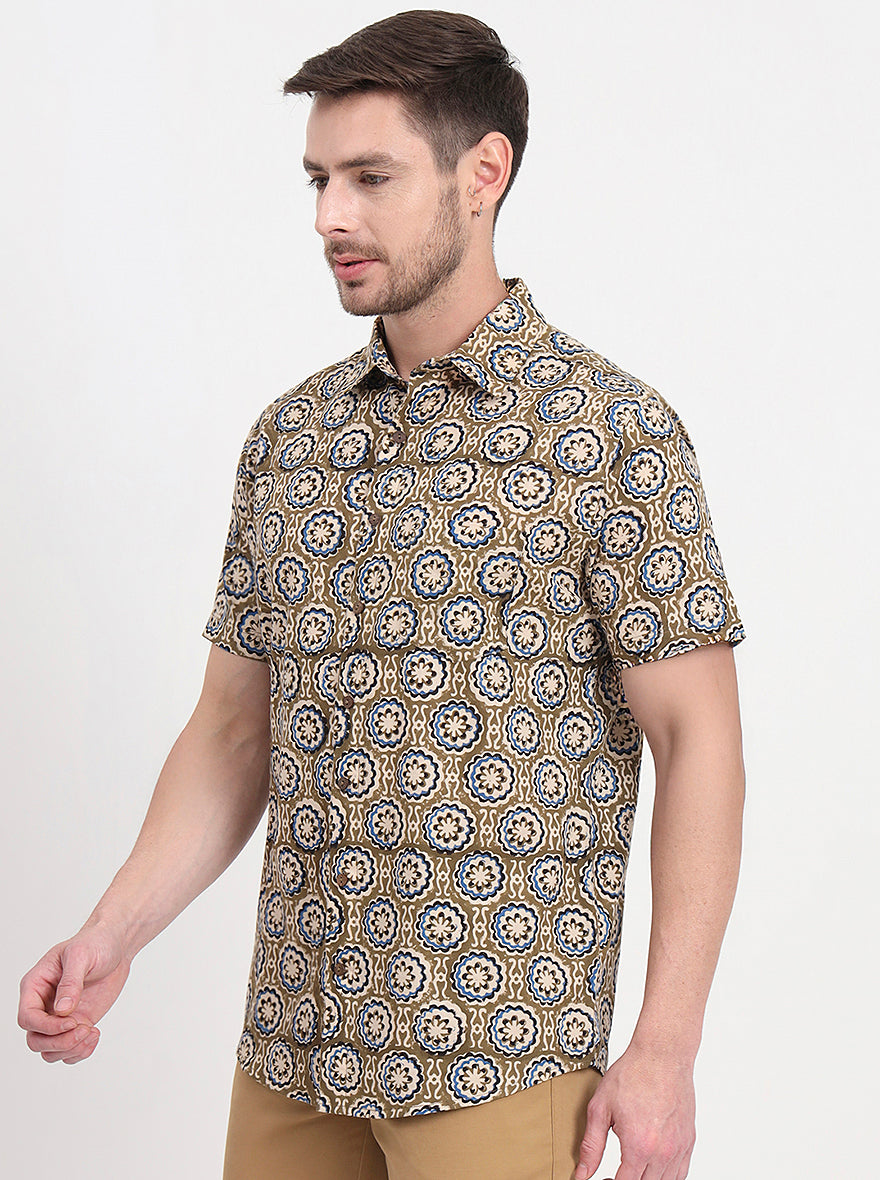 Olive Brown Printed Slim Fit Casual Shirt | JadeBlue