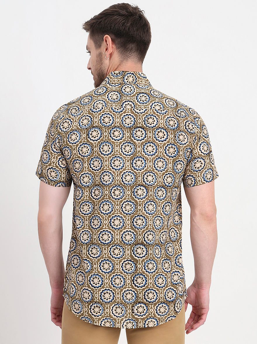 Olive Brown Printed Slim Fit Casual Shirt | JadeBlue