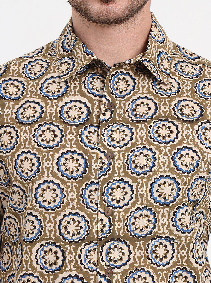Olive Brown Printed Slim Fit Casual Shirt | JadeBlue