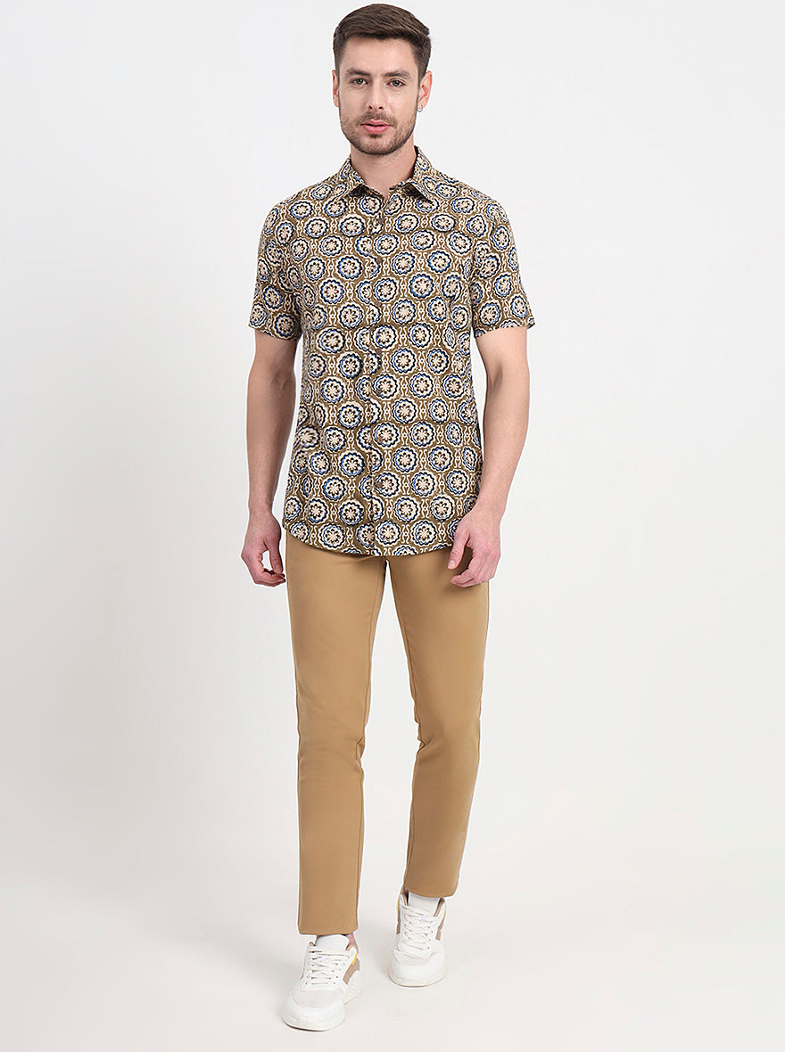 Olive Brown Printed Slim Fit Casual Shirt | JadeBlue