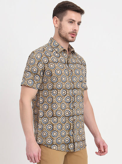 Olive Brown Printed Slim Fit Casual Shirt | JadeBlue