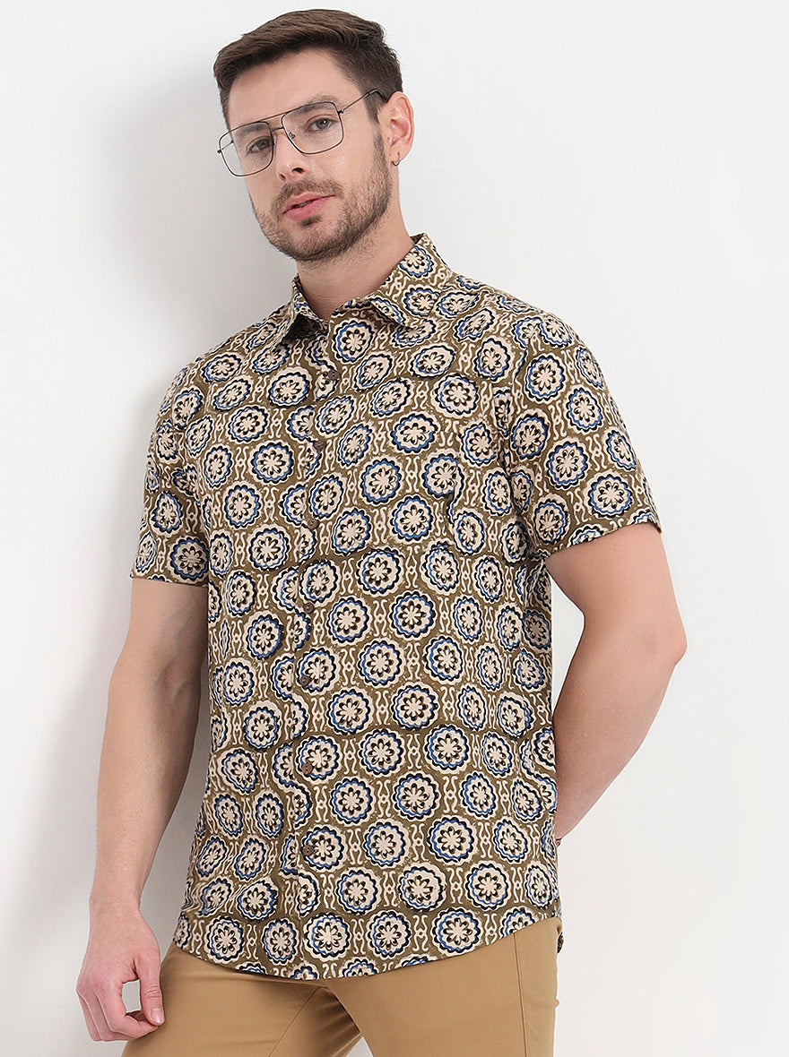 Olive Brown Printed Slim Fit Casual Shirt | JadeBlue