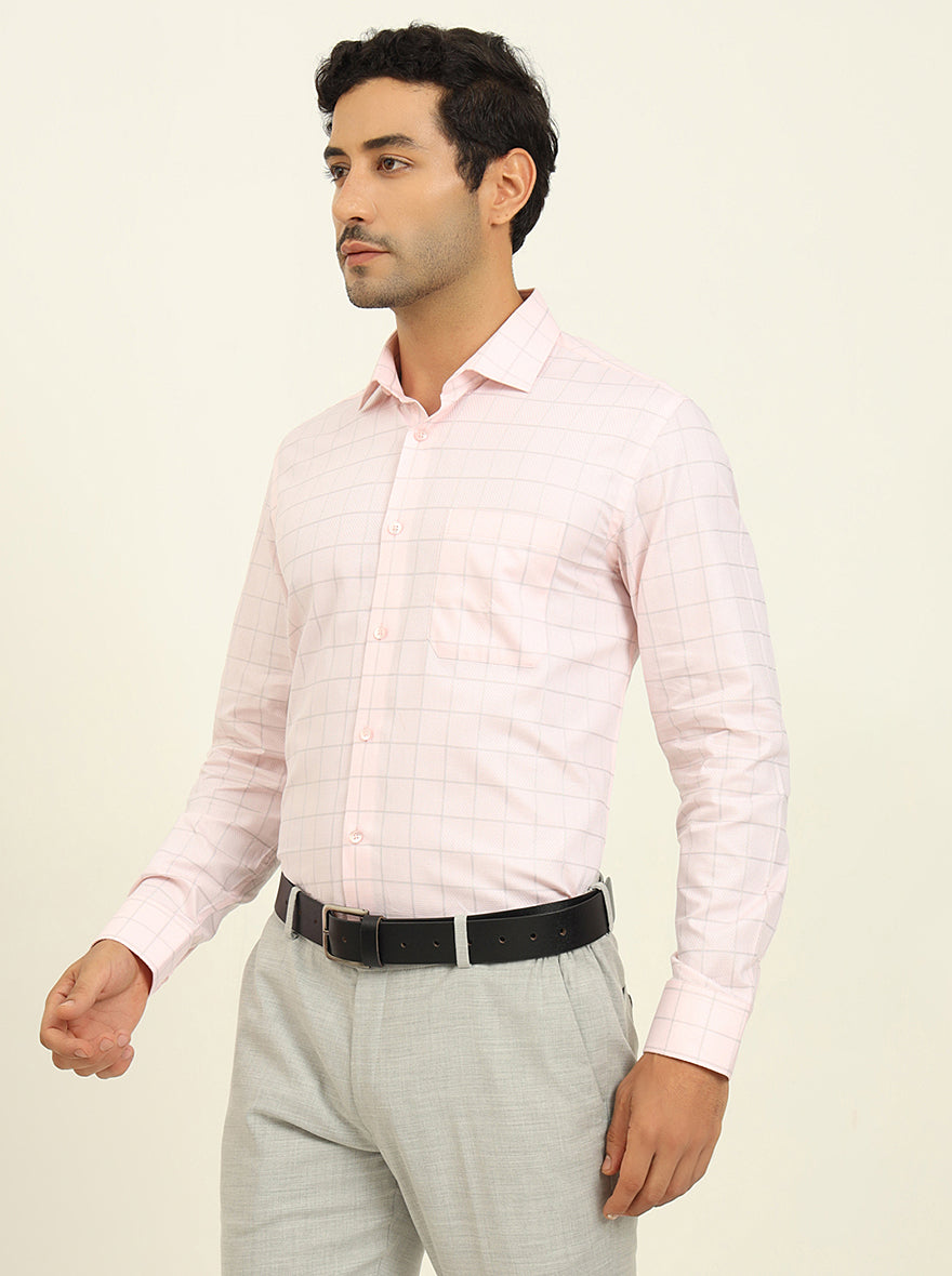 Light Pink Checked Slim Fit Formal Shirt | Metal