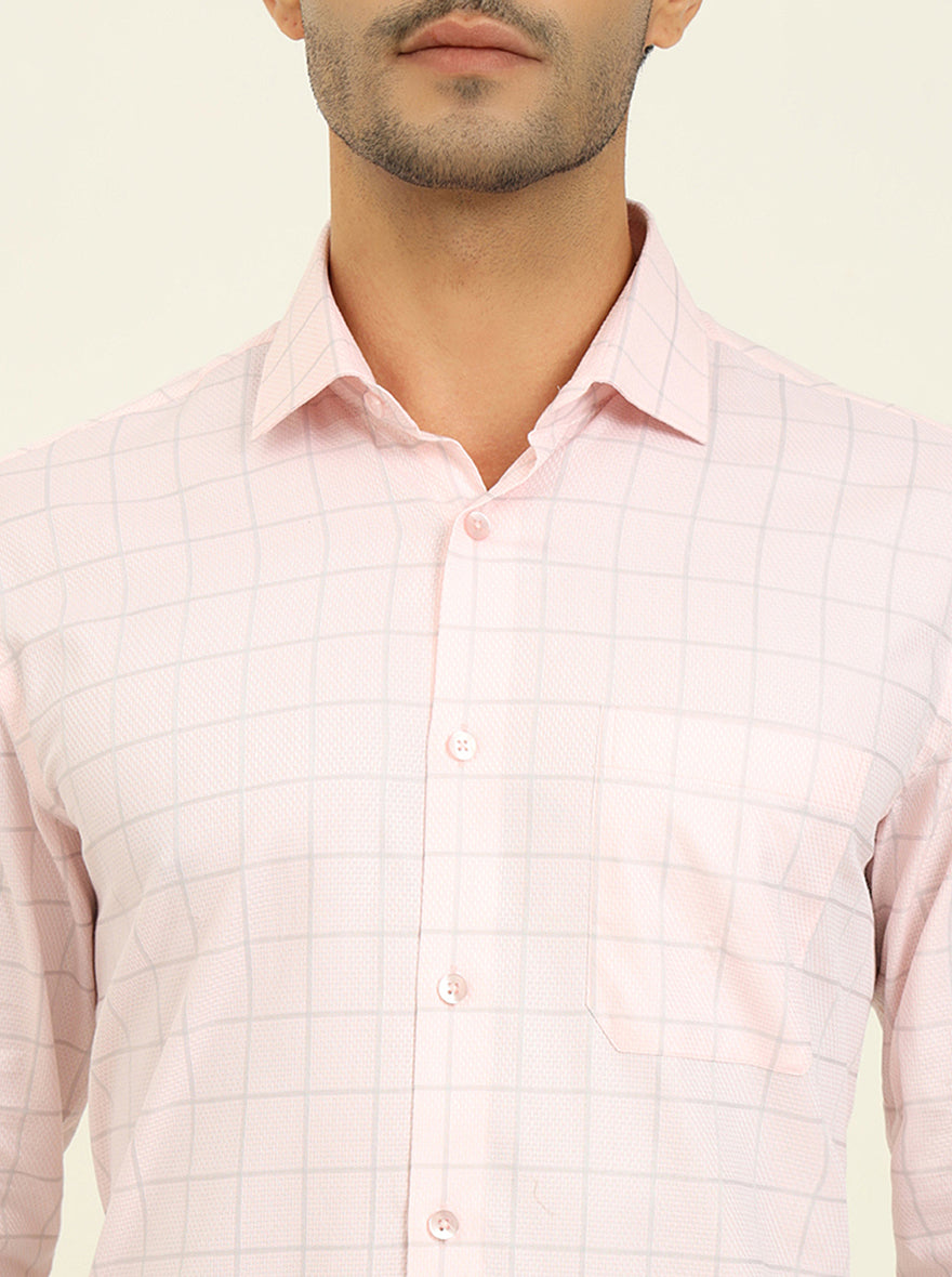 Light Pink Checked Slim Fit Formal Shirt | Metal