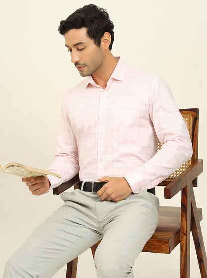 Light Pink Checked Slim Fit Formal Shirt | Metal