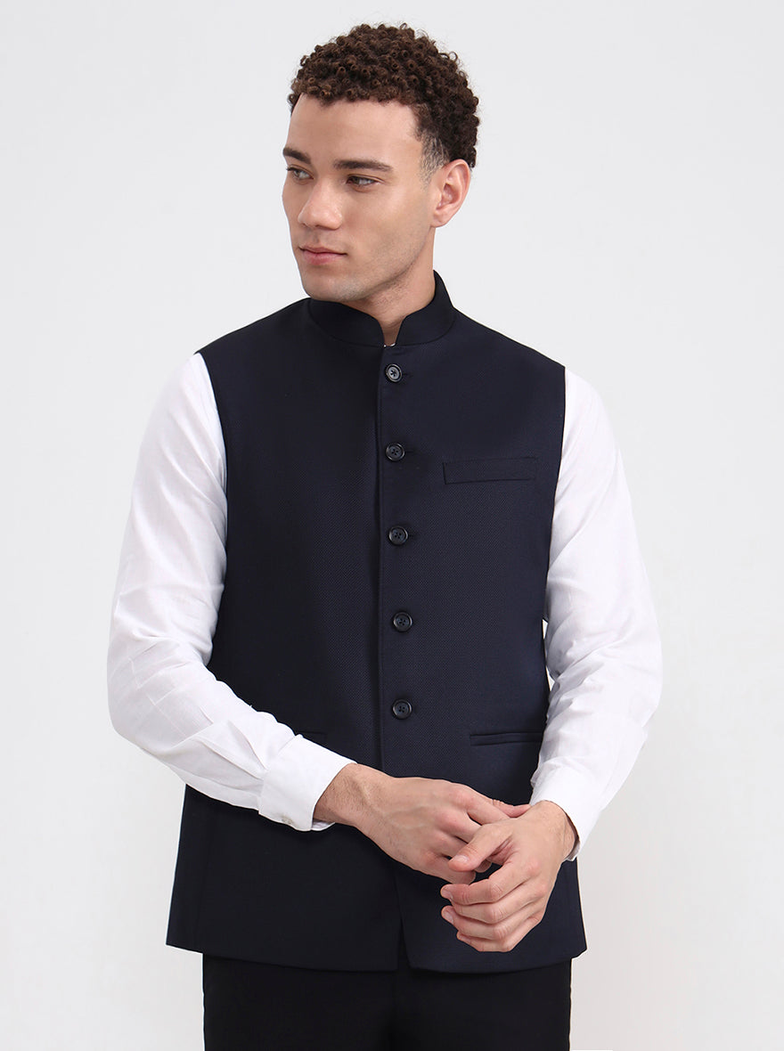 Navy Blue Solid Regular Fit Modi Jacket | JadeBlue