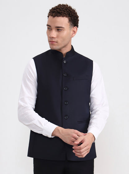 Navy Blue Solid Regular Fit Modi Jacket | JadeBlue