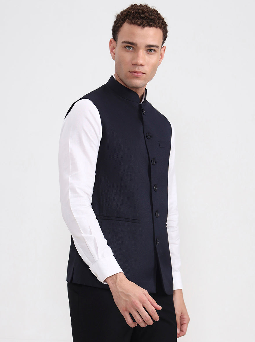 Navy Blue Solid Regular Fit Modi Jacket | JadeBlue