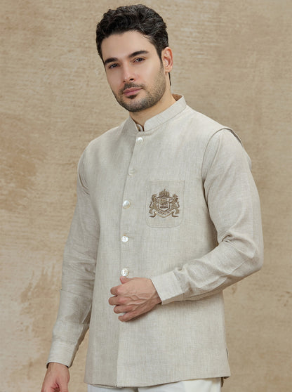 Natural Embroidered Kurta Pajama with Koti | TULA