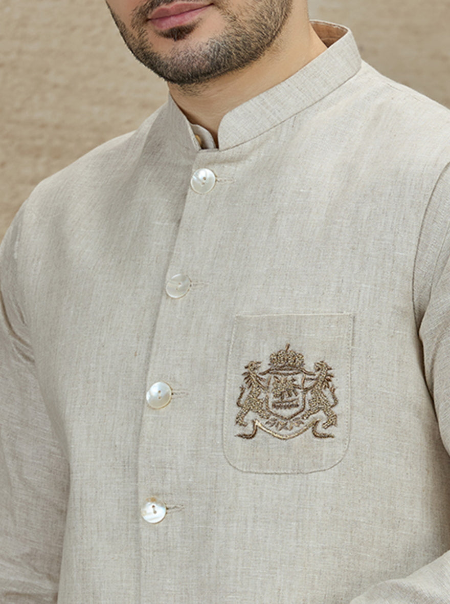Natural Embroidered Kurta Pajama with Koti | TULA