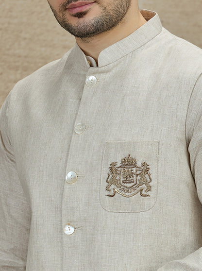 Natural Embroidered Kurta Pajama with Koti | TULA