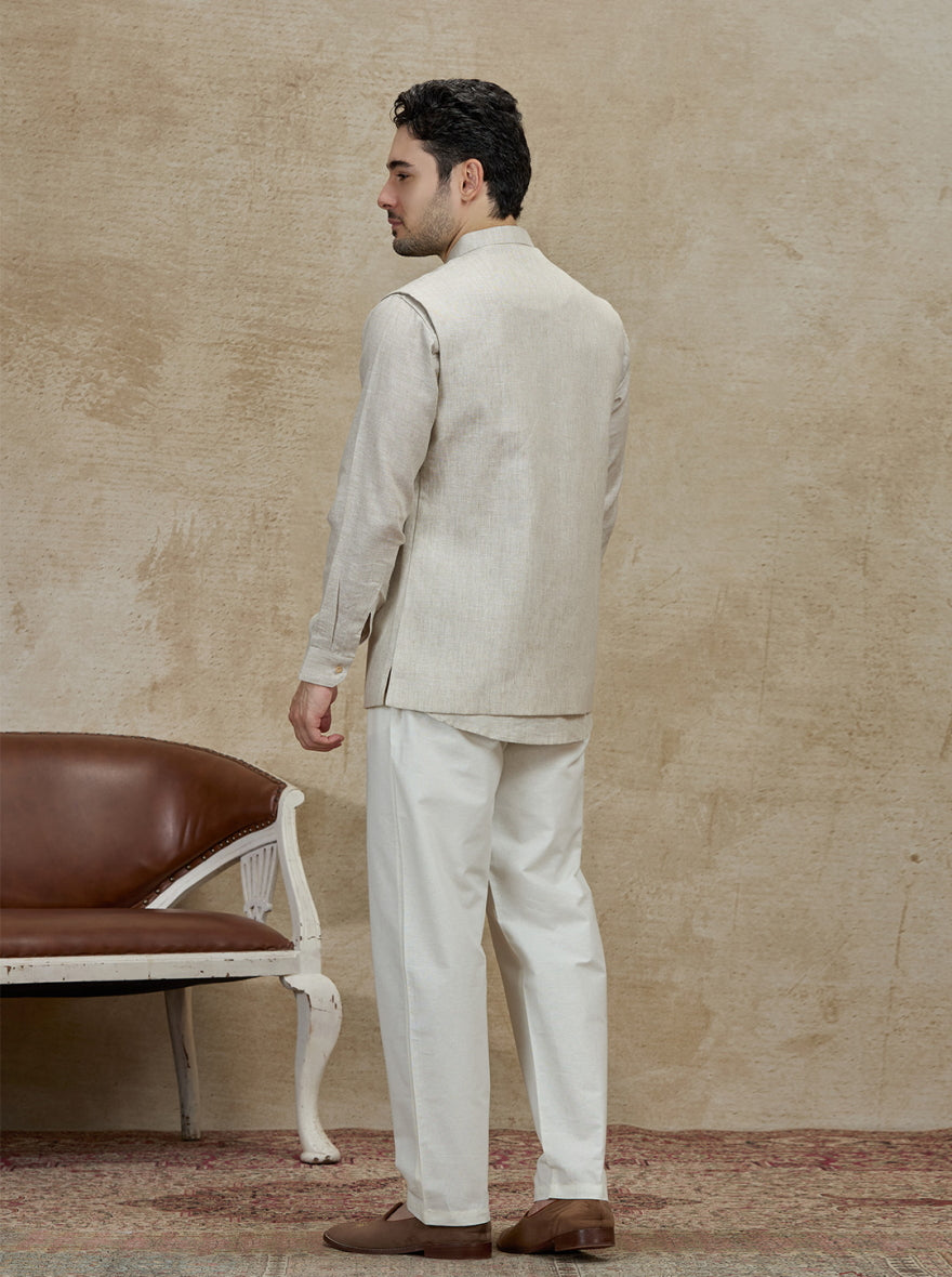 Natural Embroidered Kurta Pajama with Koti | TULA