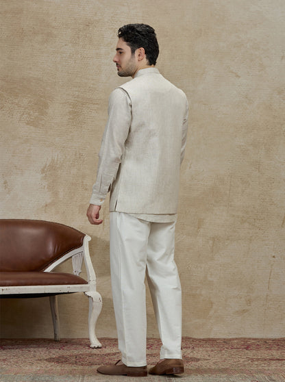 Natural Embroidered Kurta Pajama with Koti | TULA