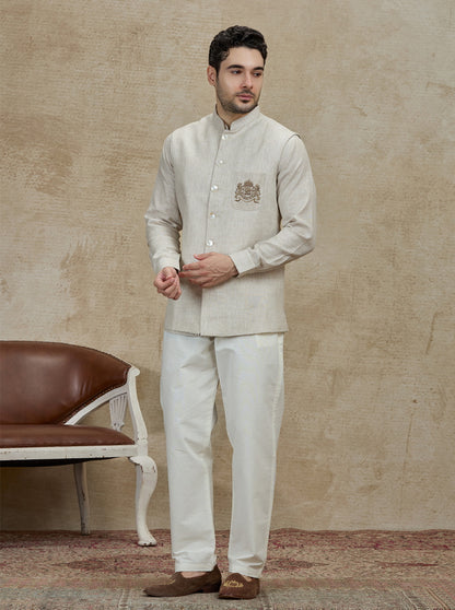 Natural Embroidered Kurta Pajama with Koti | TULA