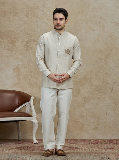 Natural Embroidered Kurta Pajama with Koti | TULA