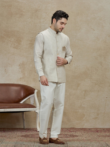 Natural Embroidered Kurta Pajama with Koti | TULA