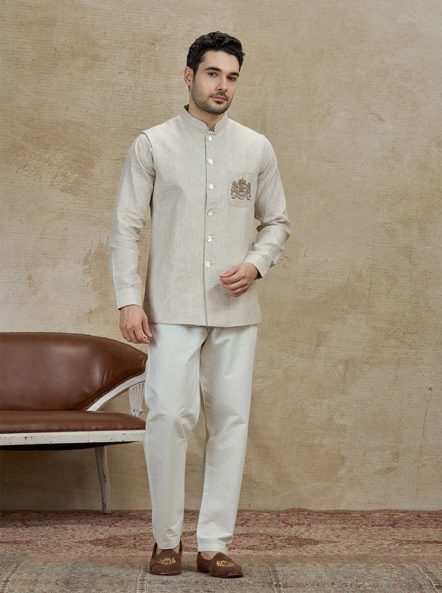 Natural Embroidered Kurta Pajama with Koti | TULA