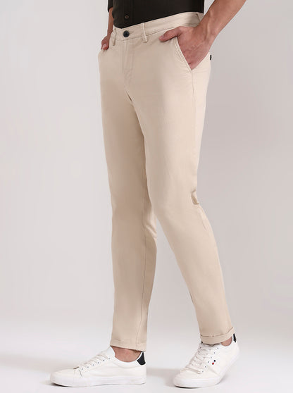 Beige Solid Neo Fit Casual Trouser | Greenfibre
