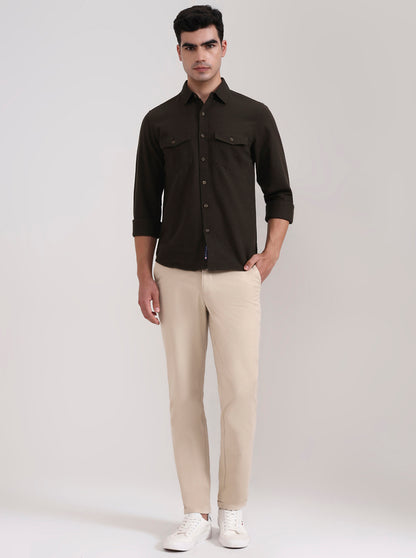 Beige Solid Neo Fit Casual Trouser | Greenfibre
