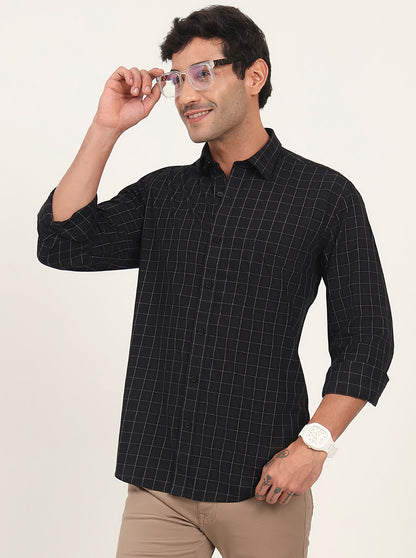 Black Checked Slim Fit Semi Casual Shirt | JadeBlue
