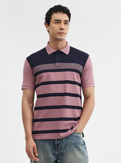 Mauve & navy Striped Slim Fit Polo T-Shirt | Greenfibre
