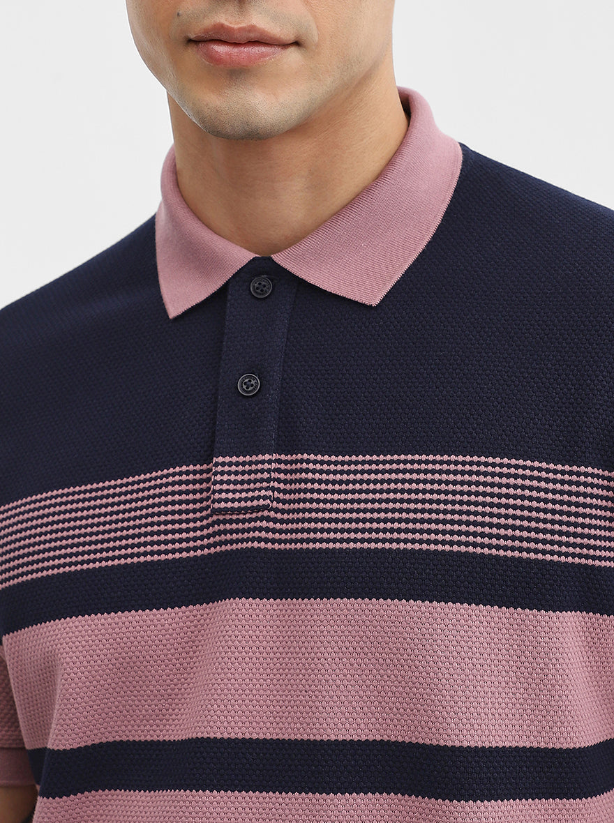 Mauve & navy Striped Slim Fit Polo T-Shirt | Greenfibre