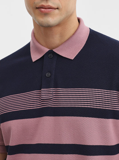 Mauve & navy Striped Slim Fit Polo T-Shirt | Greenfibre