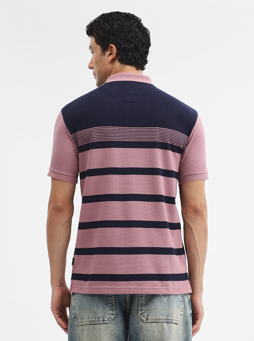 Mauve & navy Striped Slim Fit Polo T-Shirt | Greenfibre