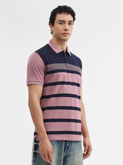 Mauve & navy Striped Slim Fit Polo T-Shirt | Greenfibre