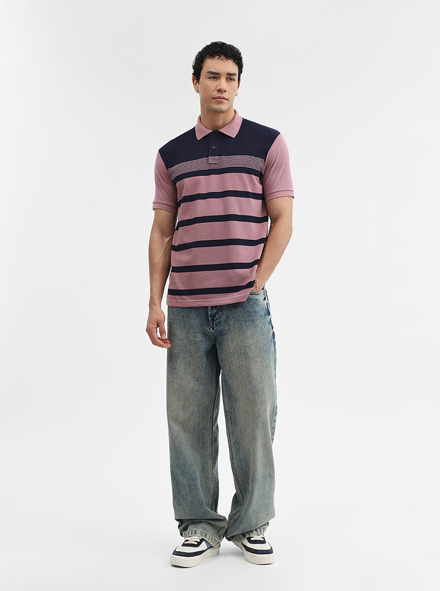 Mauve & navy Striped Slim Fit Polo T-Shirt | Greenfibre