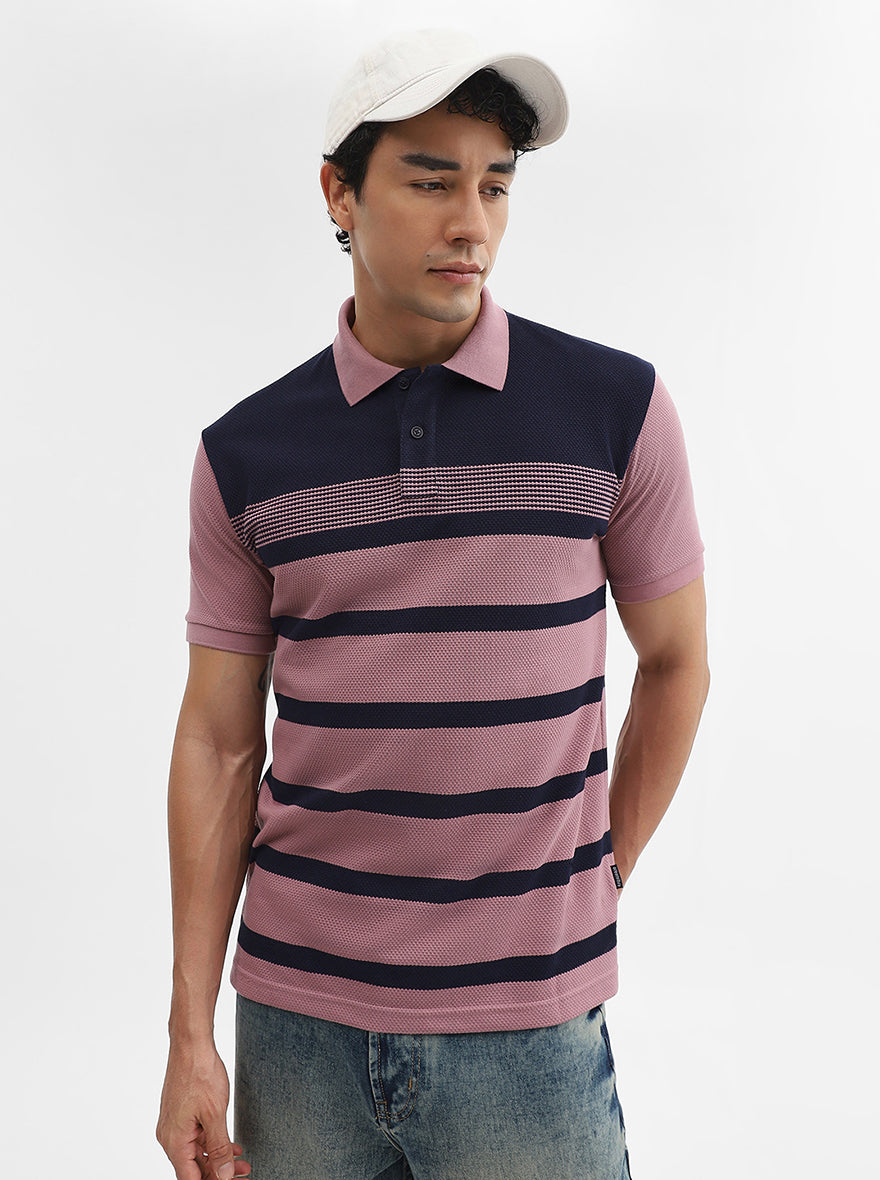 Mauve & navy Striped Slim Fit Polo T-Shirt | Greenfibre