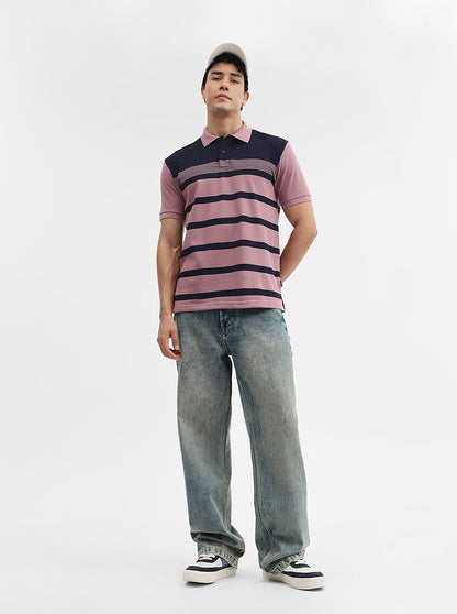 Mauve & navy Striped Slim Fit Polo T-Shirt | Greenfibre